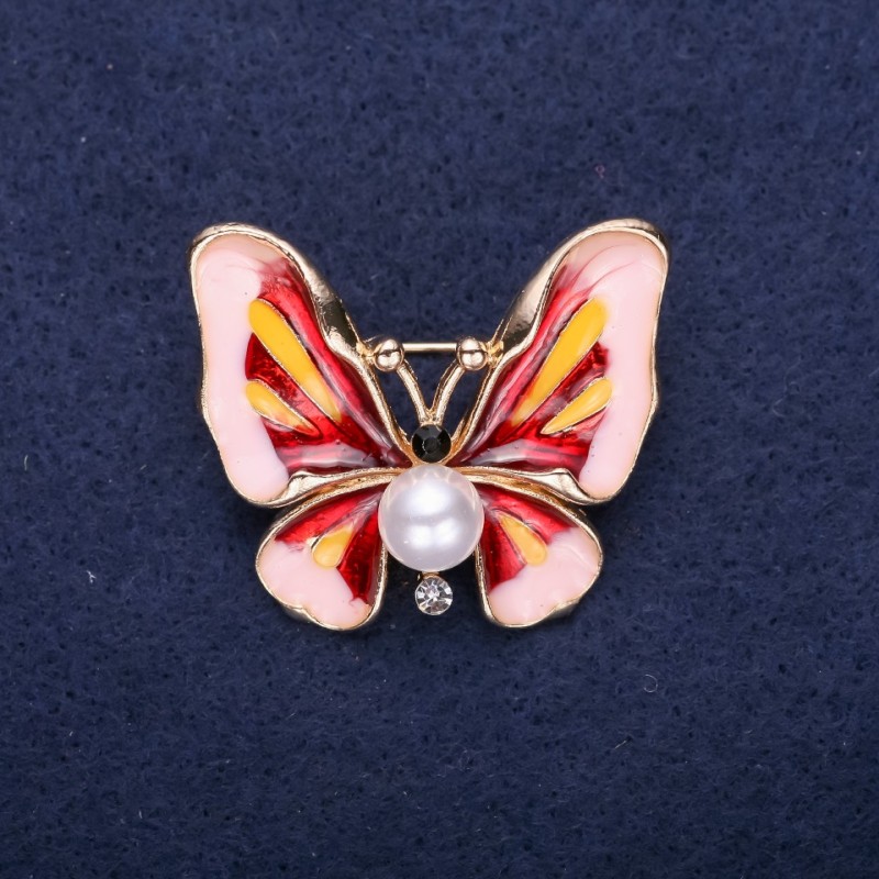 Sale! Butterfly Brooch with Pearl Bead Pink and Red Enamel 30×35mm Yellow Metal