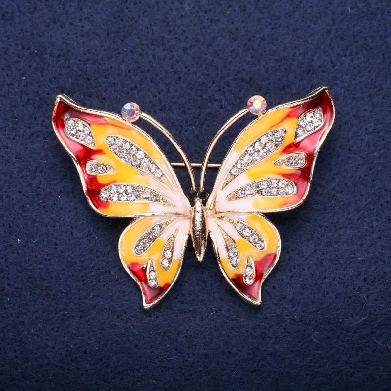 Sale! Butterfly Brooch with White Rhinestones, Red and Yellow Enamel, 42×56 mm, Yellow Metal