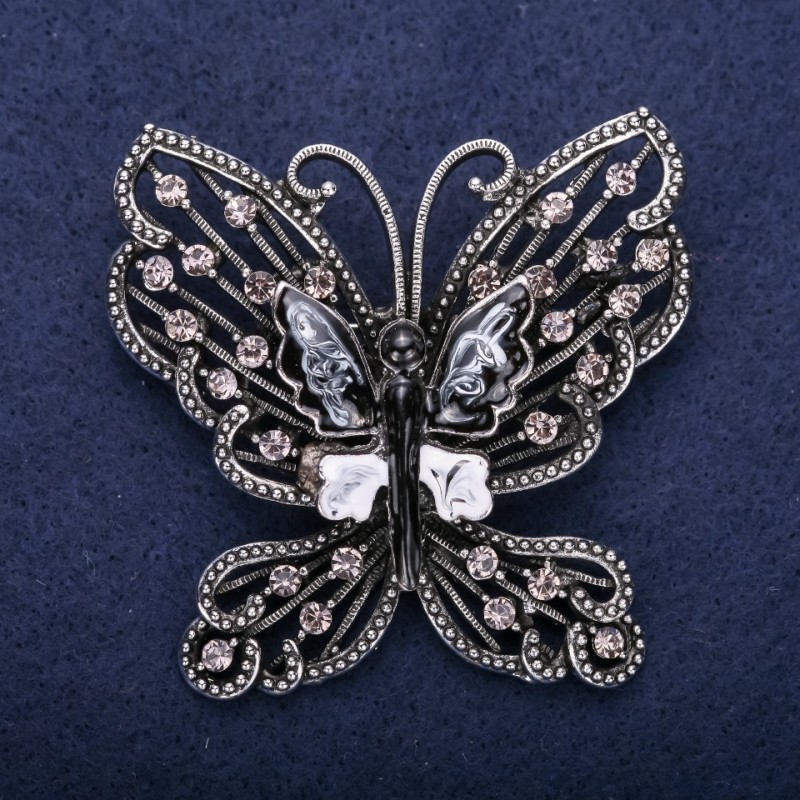 Sale! Butterfly Brooch with Grey Rhinestones 55x57mm Silver-tone Metal