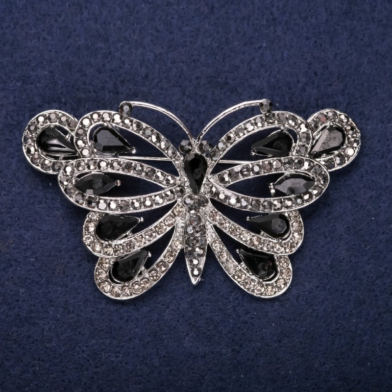 Sale! Butterfly Brooch with Black Rhinestones, Silver-Tone Metal, 39×67 mm