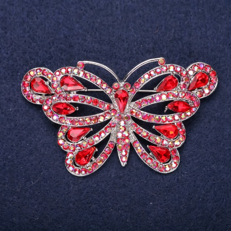 Sale! Butterfly Brooch with Red Rhinestones 39×67 mm Silver-tone Metal