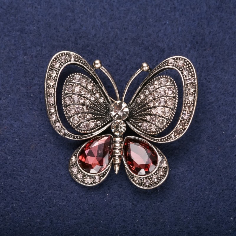 Sale! Butterfly Brooch with Brown Stones, 50x44mm, Yellow Metal