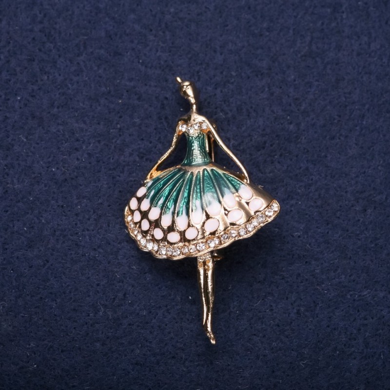 Sale! Ballet Dancer Brooch with Green Turquoise Enamel on Yellow Metal 50x30 mm
