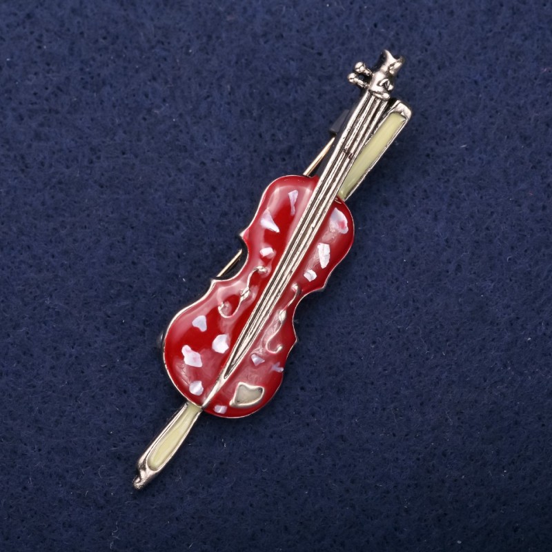 Sale! Violin Brooch Burgundy Enamel Gold-tone Metal 65×17 mm
