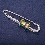 Sale! Brooch Pin with White Rhinestones and Crimson & Green Stones, 72x20 mm, Silver-Colored Metal