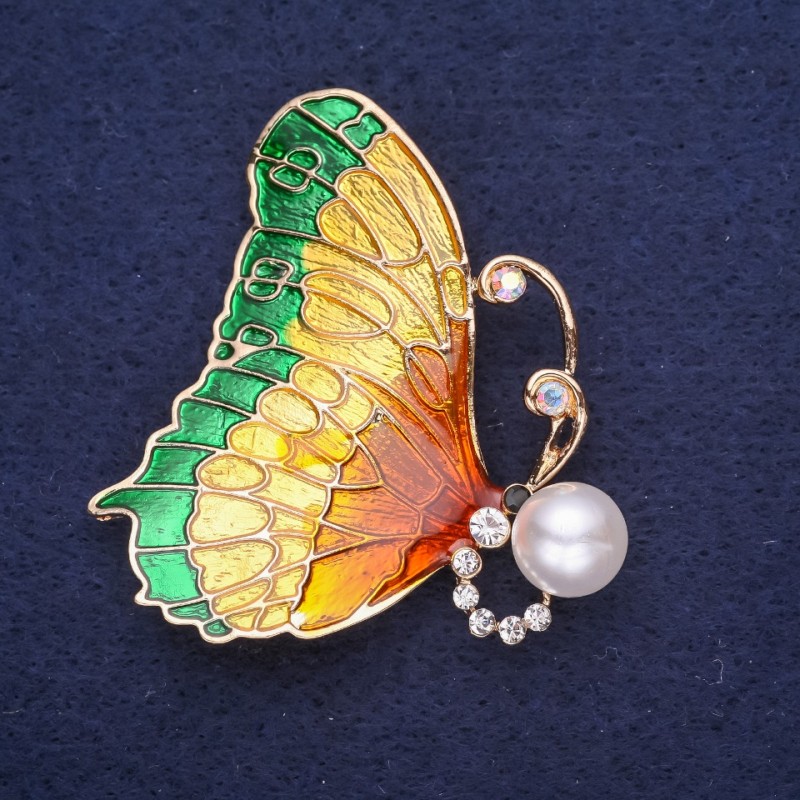 Sale! Butterfly Brooch with White Rhinestones and Green Enamel on Gold-Tone Metal, 49x45mm
