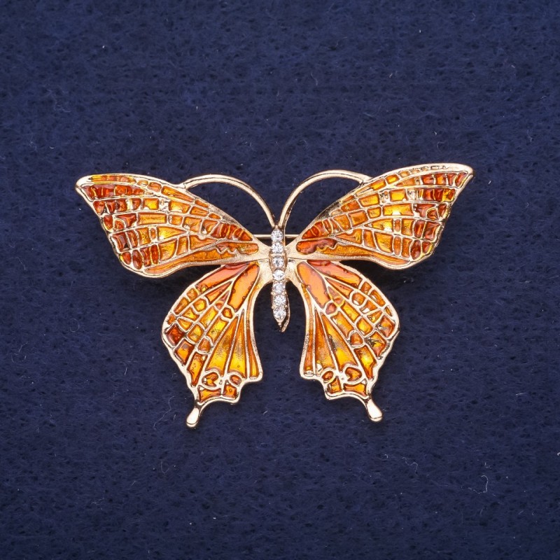 Sale! Butterfly Brooch with White Crystals and Enamel, Gold-Tone Metal, 49×32 mm