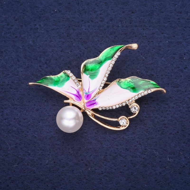 Sale! Butterfly Brooch with White Crystals, Enamel in Green, White, and Lilac, with Pearl Bead, 40x30 mm, Yellow Metal