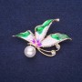 Sale! Butterfly Brooch with White Crystals, Enamel in Green, White, and Lilac, with Pearl Bead, 40x30 mm, Yellow Metal