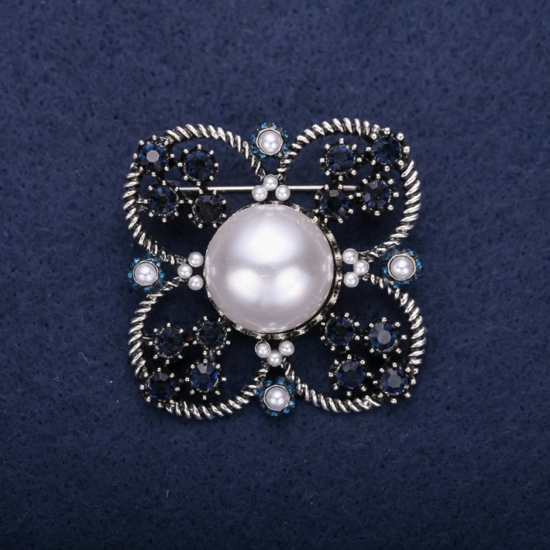 Sale! Brooch 'Order of Beauty' with Pearl Bead and Rhinestones, color White/Gray/White, 42×51 mm, Silver-tone Metal