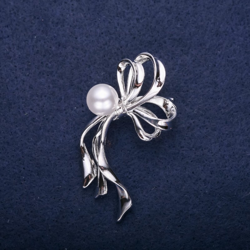 Sale! Clearance Bow Brooch with Pearl Bead White 50×30 mm Silver-Tone Metal