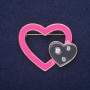 Sale! Heart-shaped enamel brooch in black and pink on gold-tone metal, 45×37 mm