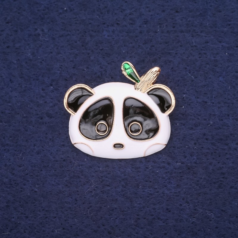 Sale! Panda Enamel Brooch in White, Black, and Green, 28×24 mm, Yellow Metal