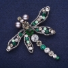 Sale! Large Dragonfly Brooch with Crystals, Green-Grey-White, 65×69 mm, Silver-tone Metal