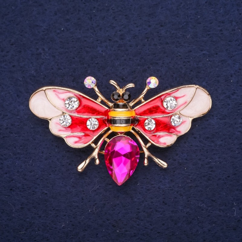 Sale! Butterfly-Bee Brooch with Crystals, Enamel and Stone, Red White Yellow Black Raspberry, 53×30 mm, gold-tone