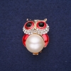 Sale! Owl Brooch with Pearl Bead, Enamel and Rhinestones, White/Red/Black, 32×22 mm, Gold-Tone Metal