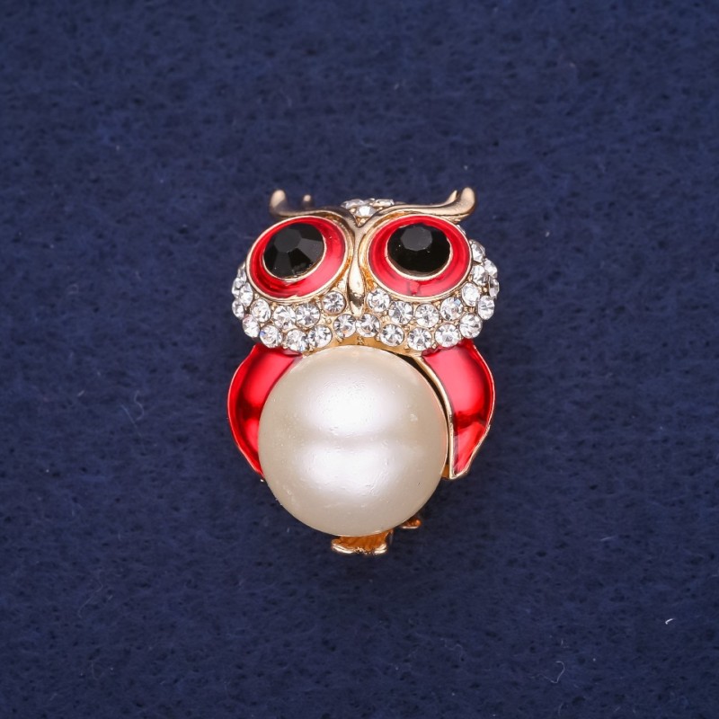 Sale! Owl Brooch with Pearl Bead, Enamel and Rhinestones, White/Red/Black, 32×22 mm, Gold-Tone Metal