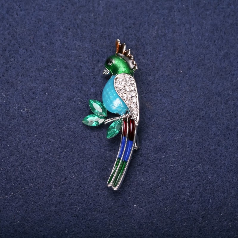 Sale! Parrot Brooch with enamel and rhinestones, blue, light blue, green and white, 50×20 mm, silvery metal