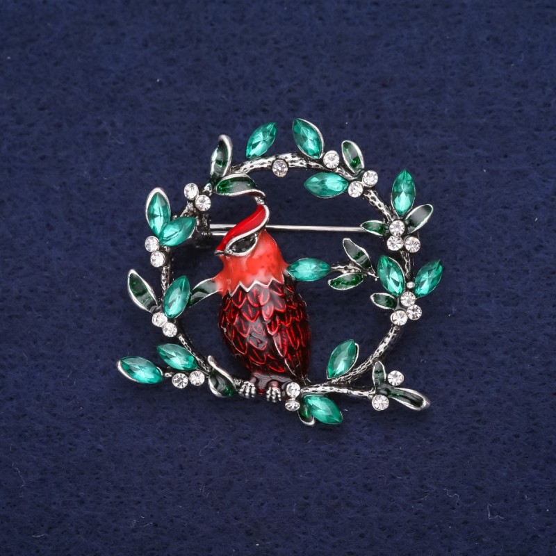 Sale! Bird on a Branch Brooch with Crystals and Enamel in Red, Green, and Burgundy, 38×40 mm, Silver-colored Metal