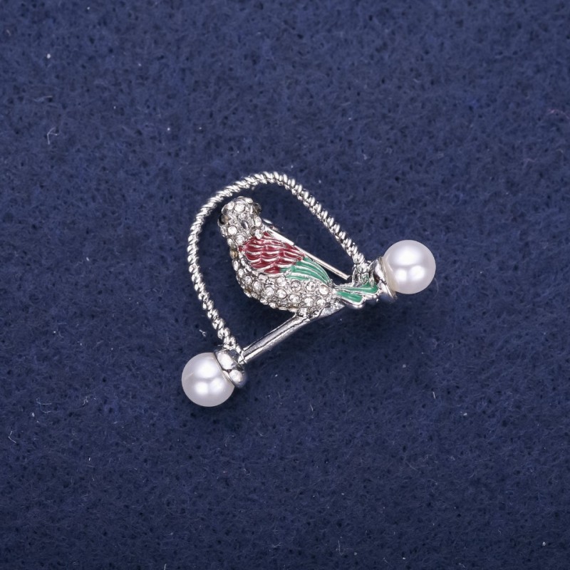 Sale! Bird Brooch with Crystals Green-Burgundy on Silver-Toned Metal 32×23 mm