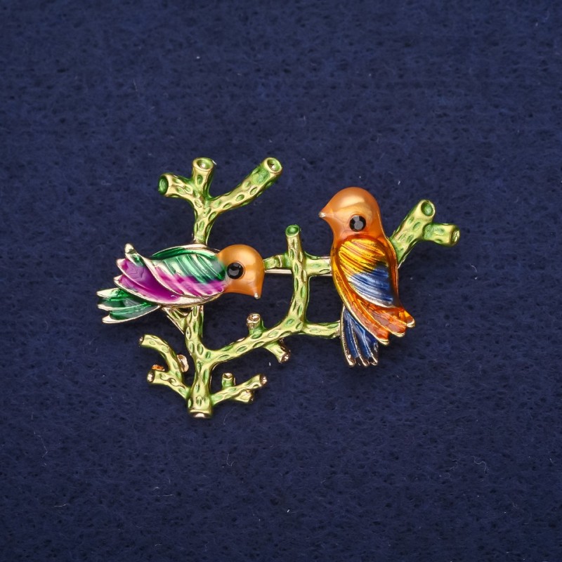 Sale! Bird on a Branch Brooch Enamel Yellow Raspberry Blue Green 40×35 mm Gold-tone Metal