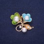 Sale! Brooch 'Flowers with Pearl Beads' enamel colors white, green, blue 34×30 mm, gold-tone metal
