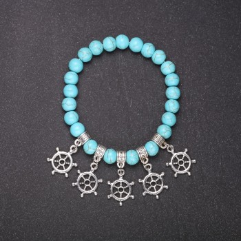 Bracelet "Turquoise" (single) with pendants Ship's Wheel smooth round bead, 8 mm diameter, 18 cm length on elastic