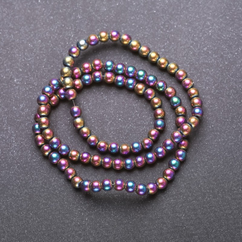 Hematite Beads on Rainbow-Coated Thread 'Gasoline', Smooth Spheres, 4 mm Diameter, 38 cm Length