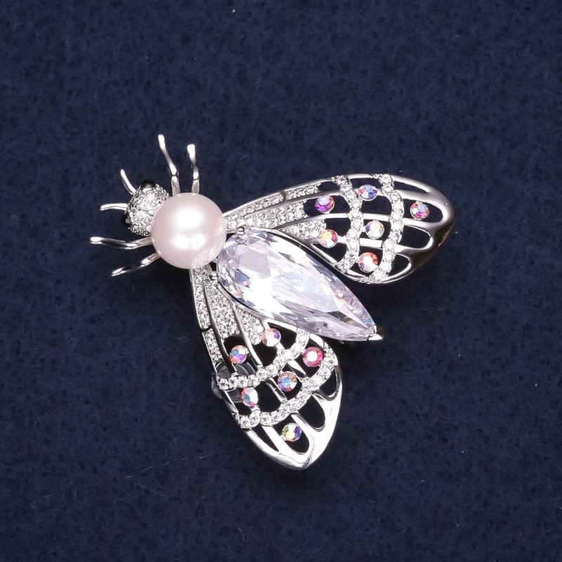 Sale! Butterfly Brooch in Silvery Metal with a Bead, Rhinestones and a Crystal, 34x35 mm +