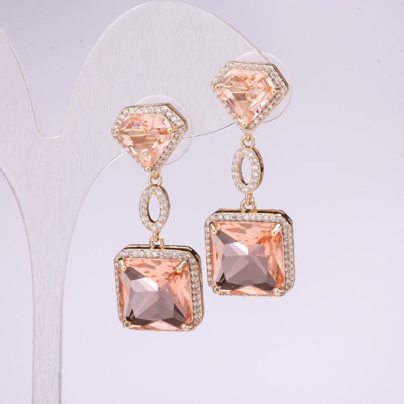 Evening Earrings, 925 Series with Champagne-Colored Stones, 15x38 mm, Silver-Tone Metal