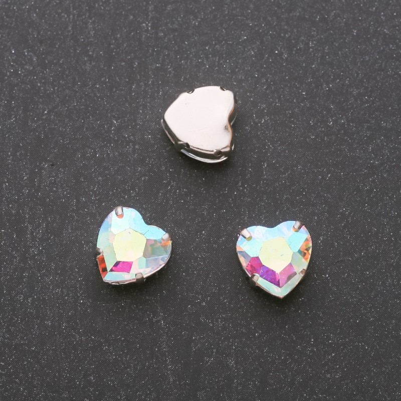 Price per pack / 10 pcs. Sew-on Crystal in Cup Setting Heart 14mm Rainbow