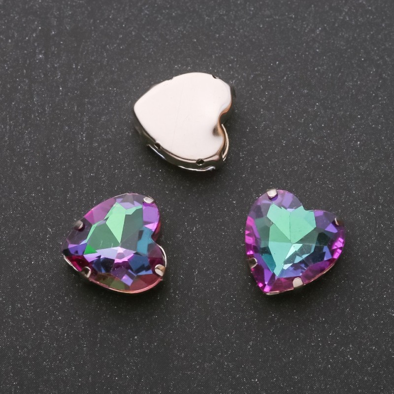 Price per pack / 10 pcs. Sew-on crystal with a heart-shaped setting, 14 mm, green-magenta