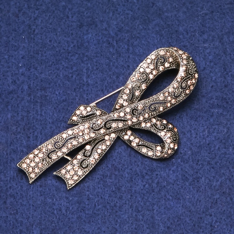 Sale! Bow-shaped Brooch with Golden Rhinestones, Golden-Toned Metal 39×80 mm