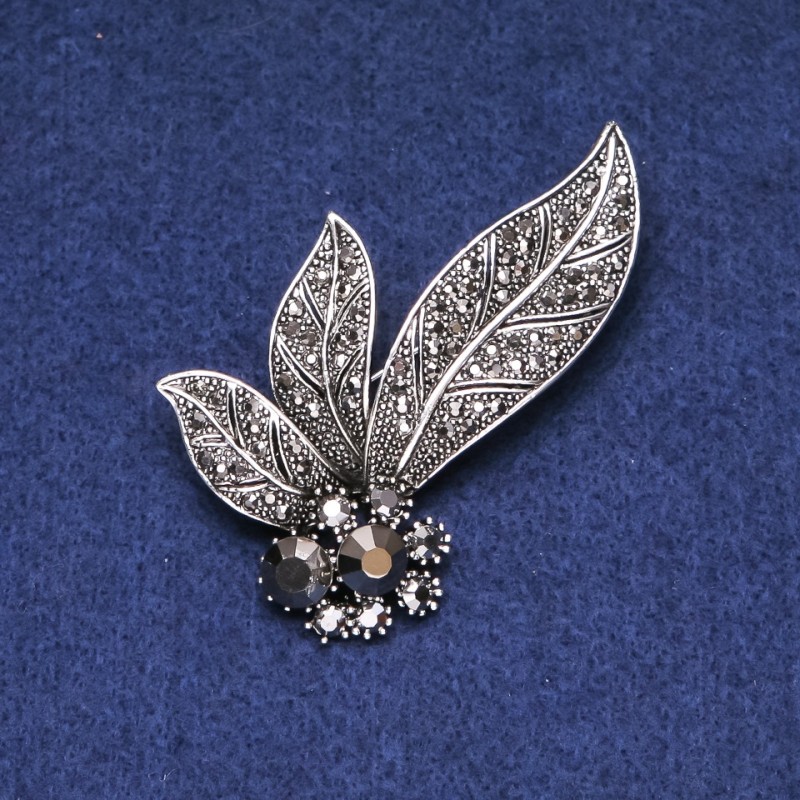 Sale! Leaves with Rhinestones Brooch Gray Metal 60mm