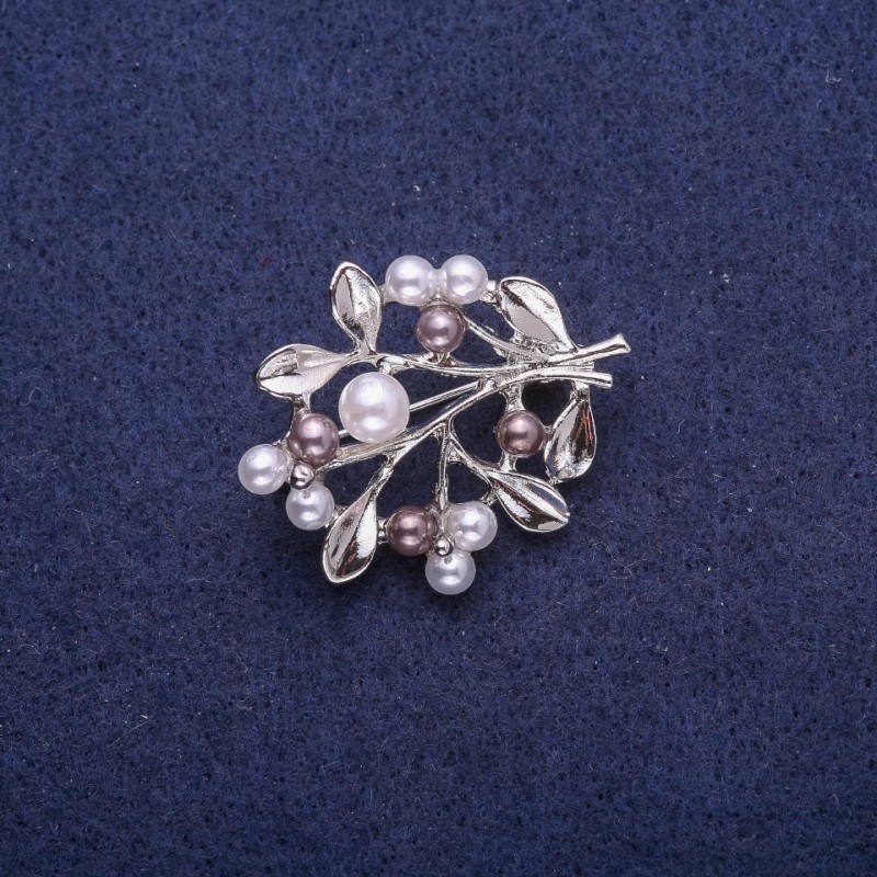 Sale! Brooch 'Twig with Pearls', Silver-tone Metal 28x35mm