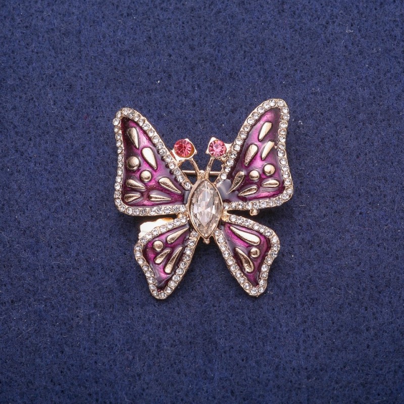 Sale! Butterfly Brooch with Enamel and Crystals, Gold-tone Metal 32×35 mm