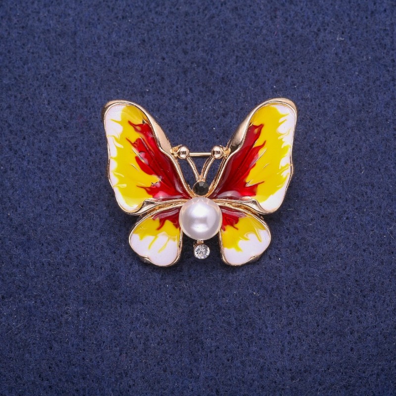 Sale! Butterfly Brooch with Pearl Beadwork and Enamel 30x35 mm Yellow Metal
