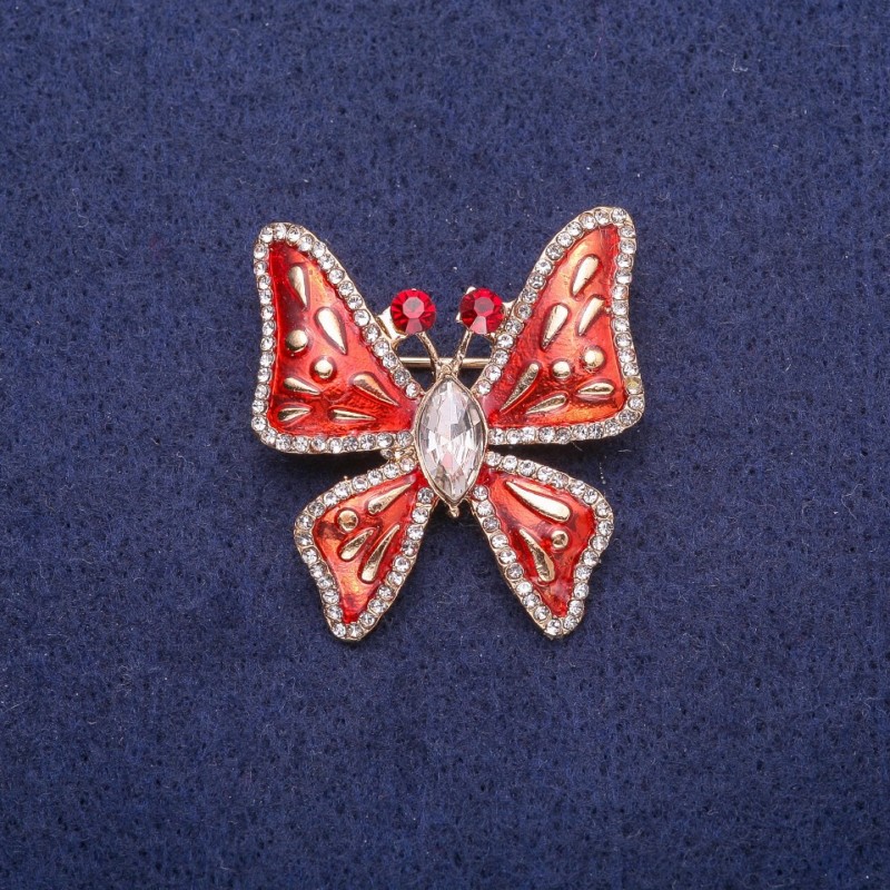 Sale! Butterfly Brooch with Enamel and Crystals, Gold-Tone Metal 32×35mm