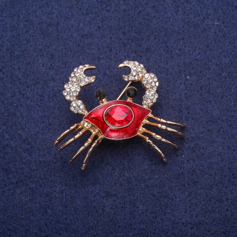 Sale! Crab Brooch, Red Enamel and Crystals, Gold-Tone Metal 30x40mm