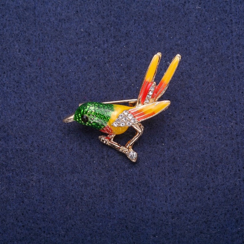 Sale! Bird on a Branch Brooch with Enamel and Rhinestones, Gold-tone Metal 34×33 mm