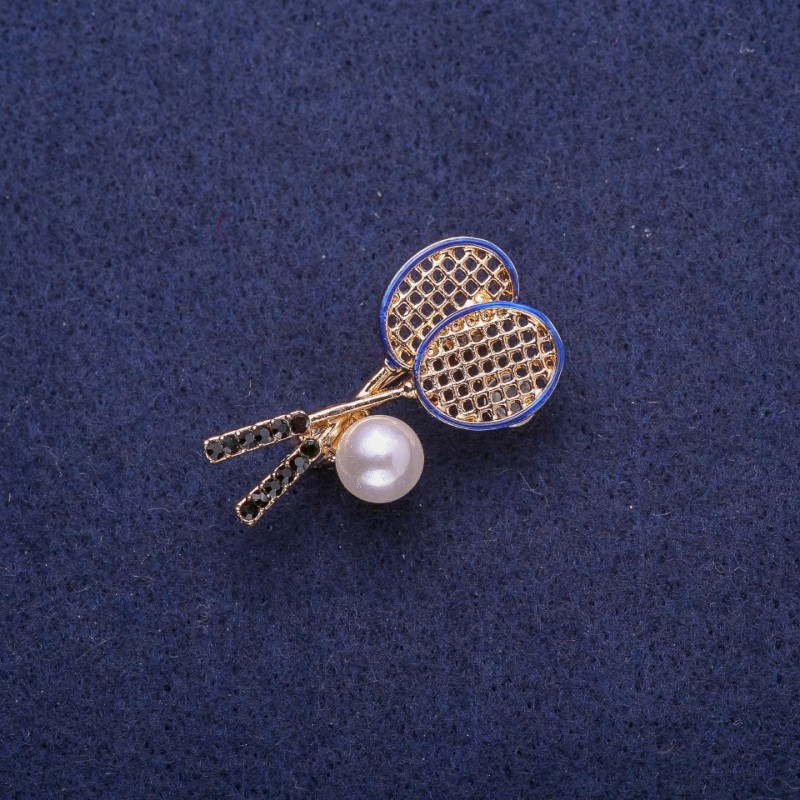Brooch 'Rackets with Pearl' (faux pearl), gold-tone metal 18x33 mm