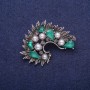 Sale! Accent Brooch with Green Crystals and Pearls, Silver-Tone Metal 35x45mm
