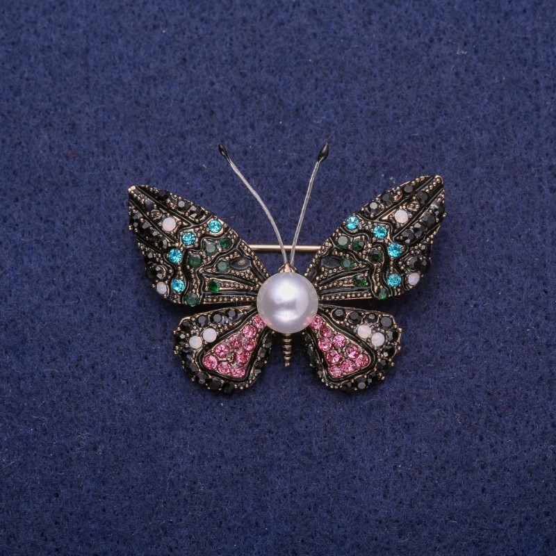 Sale! Butterfly Brooch with Pearl and Multicolored Rhinestones, Gold-Tone Metal 30×41 mm