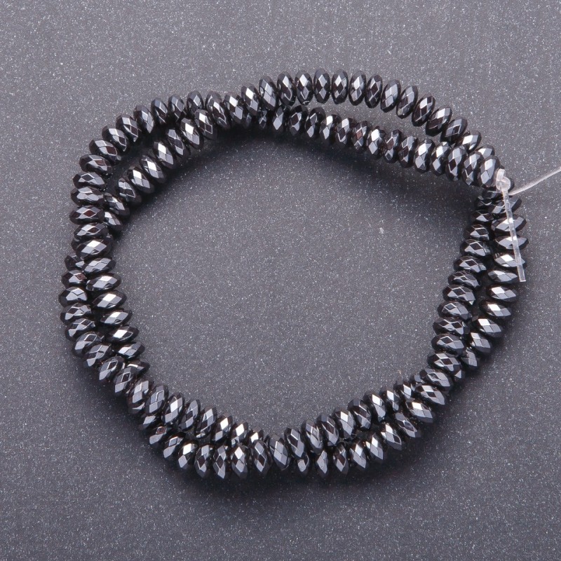 Natural stone hematite beads on thread, faceted rondelle, 3×6 mm, 38 cm length