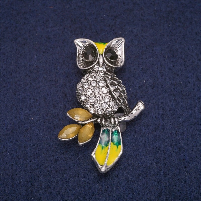 Sale! Owl Brooch with Crystals, Silver-Toned Metal 27x42 mm