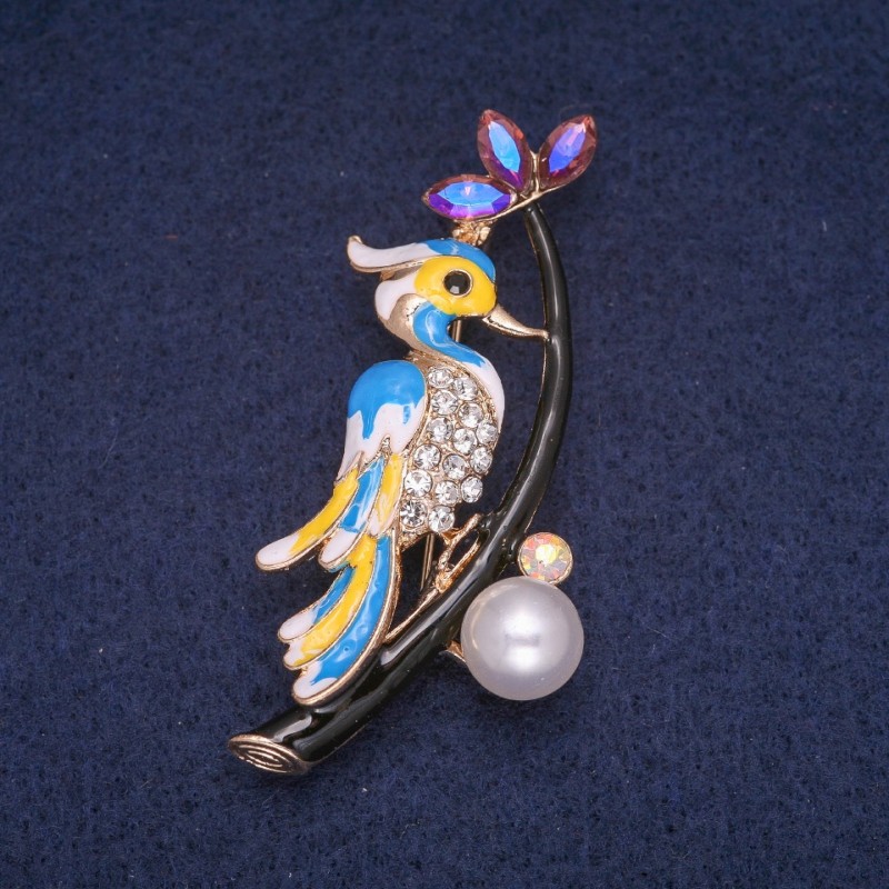 Sale! Bird on a Branch Brooch with Enamel and Crystals, Golden Metal 34×60 mm