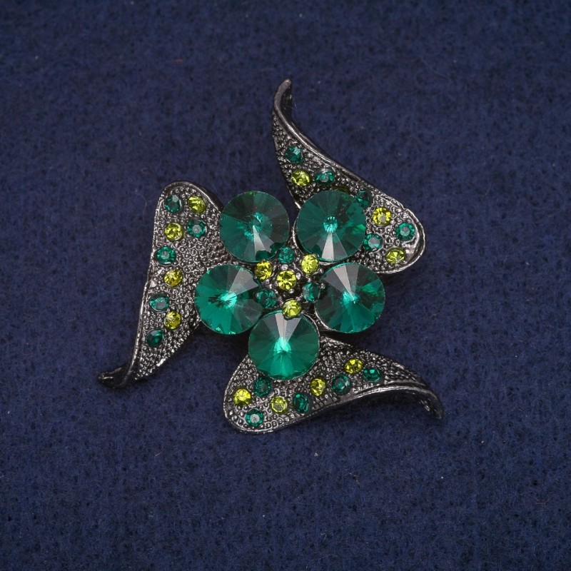 Sale! Flower Brooch with Green Crystals, Gray Metal 41×41 mm