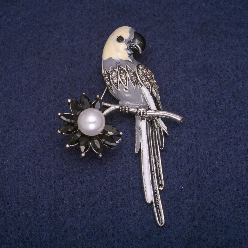 Sale! Parrot Brooch with Enamel, Bead, and Rhinestones, Gray Metal 37×58 mm