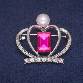 Clearance Crown Brooch with Beadwork and Crystals, Silver-Tone Metal 38x41mm