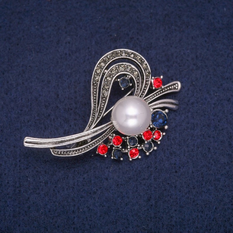 Sale! Accent Bead Brooch with Crystals, Gray Metal, 32×51 mm
